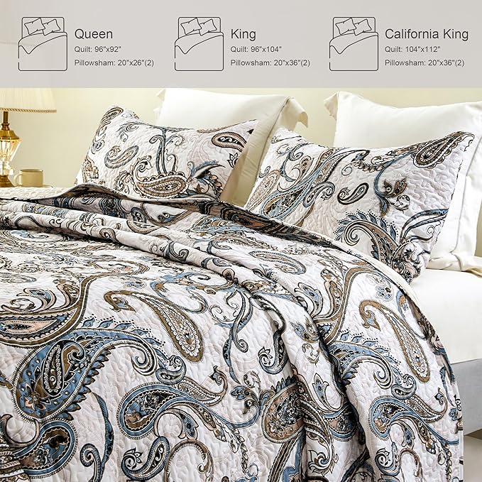 Whale Flotilla Patchwork Quilts Queen Size, Soft Boho Paisley Bedspreads | Reversible Lightweight Full Queen Quilt Bedding Set for Bed, Bone Grey Printed Coverlets with 2 Pillow Shams for All Seasons