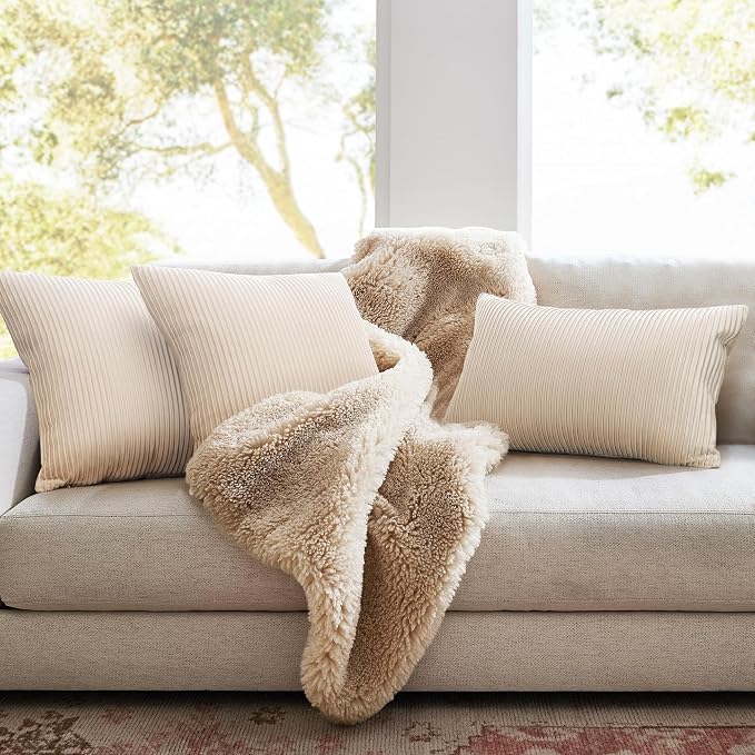 YCOLL Beige Pillow Covers 20x20 Set of 2 Velvet Striped Pattern - Soft Throw Pillows for Home Decor, Luxury Decorative Pillow Covers for Couch, Bed,Living Room