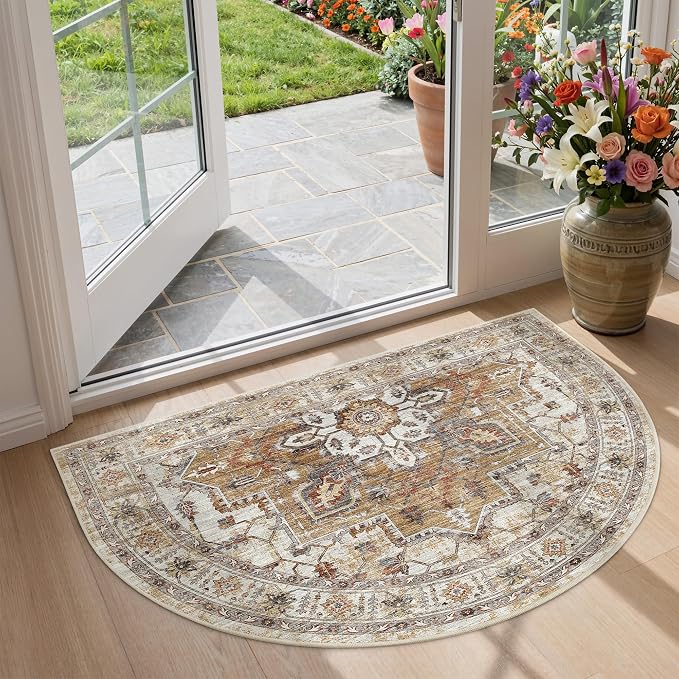 Madane Washable Half Circle Round Rug 2x3 Small Moon Rugs, Turmeric/Grey | Non-Slip Vintage Entryway Semi Area Rug 24"x36", Low Pile Door Mat Indoor Entrance for Bedroom Kitchen Entry Laundry Room