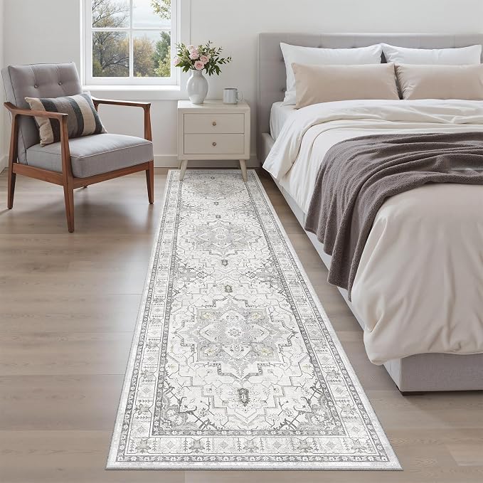 Madane Hallway Runner Rug 2x8 Washable Kitchen Rugs Non-Slip, Grey | Vintage Machine Washable Low-Pile Floor Carpet 8ft, Soft Ultra-Thin Throw Entry Foyer Mat for Entrance Laundry Living Room