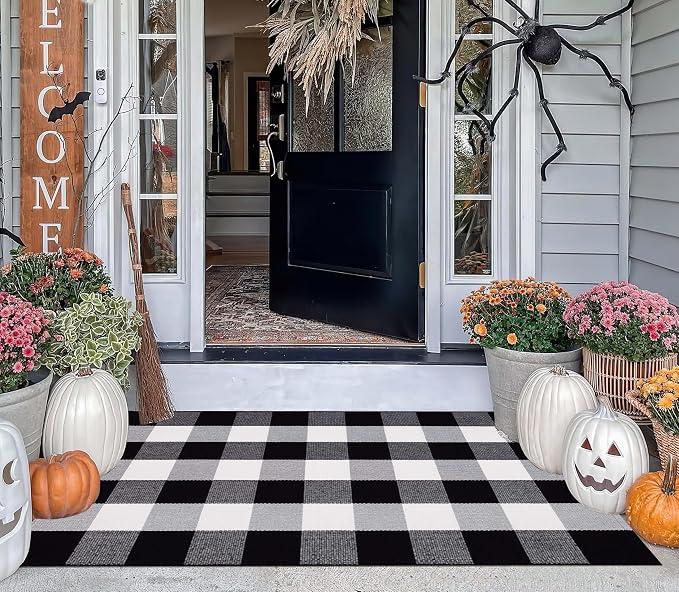 Buffalo Plaid Outdoor Rug 27.5''x 43.3''Black and White Checkered Rug Cotton Machine Washable Farmhouse Mat for Outdoor, Kitchen, Farmhouse, Entryway,Bathroom