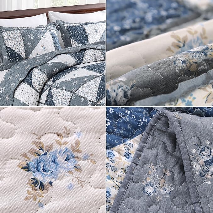 Oversized King Size Quilt Set 128x120 Grey Floral Patchwork Bedspreads Set | 3-Piece Extra Wide Super King Size Bedding Set Rversible Quilted Coverlet Lightweight Comforter Bed Cover with 2 Pillowcases
