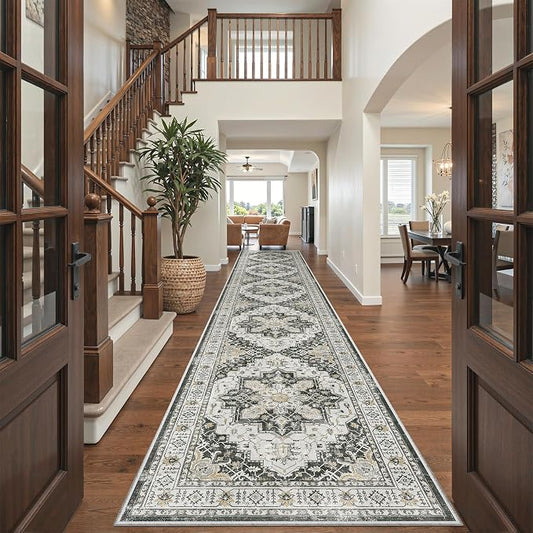 Madane Hallway Runner Rug 3x16 Washable Kitchen Runners Long, Black | Vintage Non-Slip Wide Area Rugs 16ft for Entryway, Low-Pile Farmhouse Indoor Floor Carpet for Living Room Bedroom