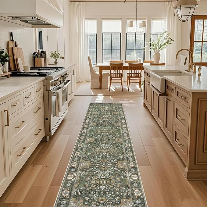 Hallway Washable 2x10 Runner Rug - Kitchen Rugs Non Slip Entryway Rug Runner Vintage Soft Floral Floor Mat Low Pile Indoor Farmhouse Carpet for Bathroom Living Room Bedroom (Green,2x10)