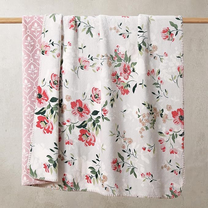 Floral Reversible Throw Blanket for Couch-Coco Flannel Soft Bed Blankets | Luxuriously Warm Fluffy Decor for Women, Mom, Her & Girls, Plush Throw for Sofa, Chair, 60x80in, Pink Rose