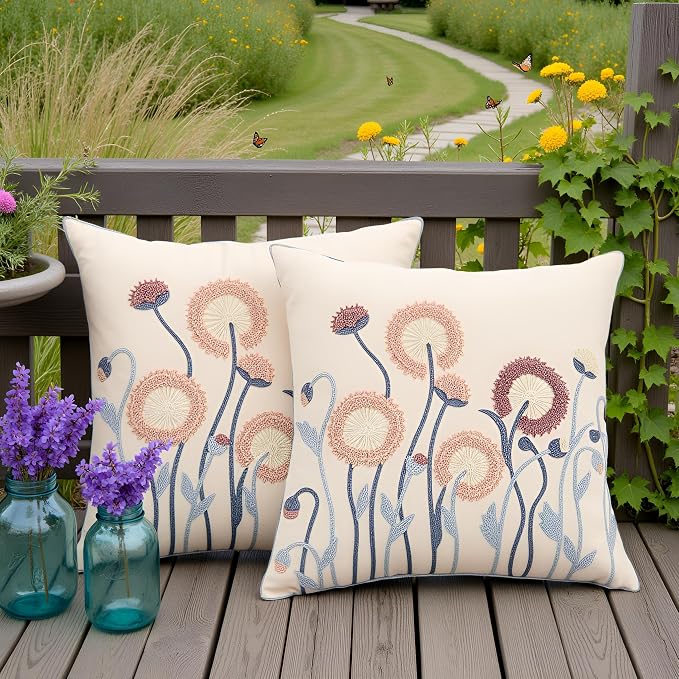Fall Embroidered Throw Pillow Covers 18x18 Set of 2 Blowball | Durable Fabric,Square Pillow Cover,Boho Decorative,Hidden Zipper,Aesthetic Design,Ideal Gift,Machine Washable