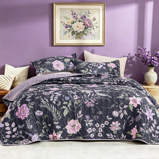 Litanika Floral Dark Purple Quilt - 3Pcs Botanical Birds Pattren Bed Set | Super King Plus Bedspread Summer Lightweight Soft Coverlet with Pink Flower for All Seasons(128"x120")