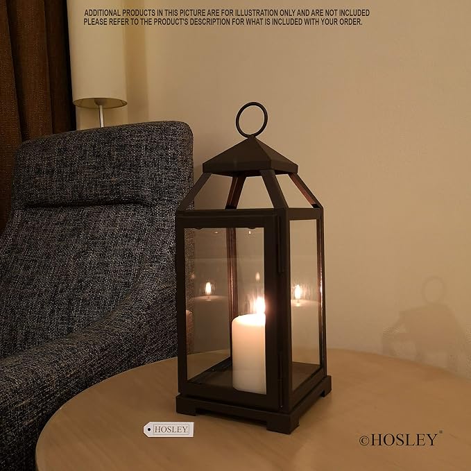 Hosley 14 Inch High Large Clear Glass Iron Classic Style Lantern Elegant Candle Holder for Home Decor Vintage-Inspired Centerpiece with Stylish Iron Frame Indoor/Outdoor Lighting Accent Timeless