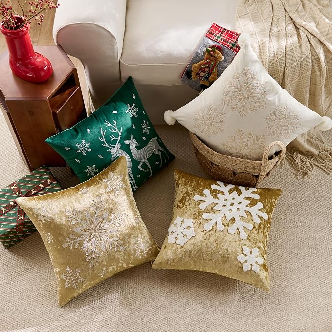 KINDREX Christmas Snowflake Throw Pillow Covers 18x18 Set of 2 Winter Holiday Decorative Gold Embroidered Luxurious Velvet Accent Pillowcase for Sofa Couch Bed Living Room Home Decor