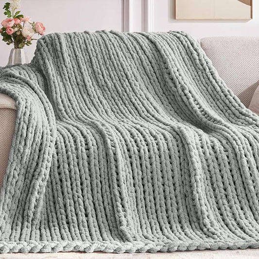 Negwoo Chunky Knit Throw Blanket, Knitted Throw Chenille Yarn, 60"*80" | Soft Thick Cable Knitted Blankets, Handmade Big Thick Blanket, Machine Washable Cute Comfy Blanket for Home Decor, Light grey