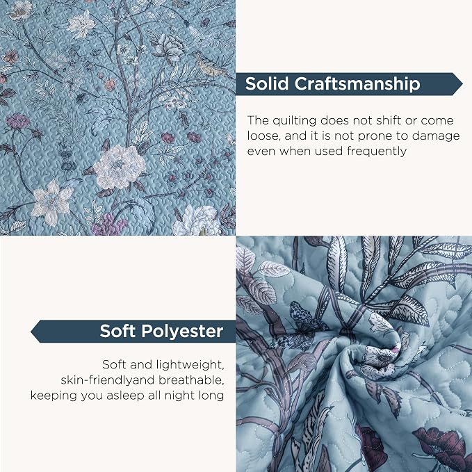 Litanika Floral Light Blue Quilt - 3Pcs Botanical Birds Bedding Set | Bedspread Summer Lightweight Soft Coverlet with White Flower for All Seasons (112"x104")