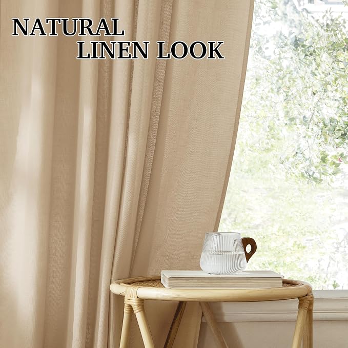 RYB HOME Farmhouse Boho Linen Sheer Curtains 90 inches Long for Living Room | Flax Linen Blend, Light Filtering, Semi Sheer, Wrinkle Resistance, Back Tab, Dorm Dining Room, W52 x L90, 2 Panels, Camel