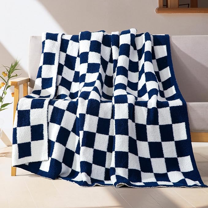 Elegant Comfort Premium Checkered Reversible Throw Blanket - Ultra Soft and Lightweight, Luxury Knitted Breathable Fleece for Couch, Bed, Sofa - Warm Velvet Fluffy Throw, 50 x 70 Inch, Navy Blue