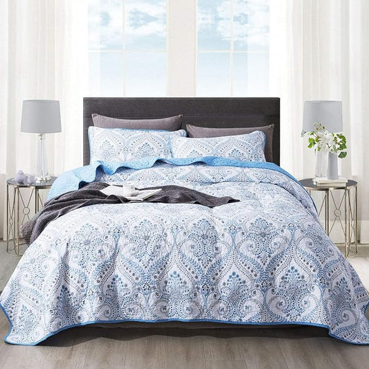NEWLAKE Cotton Bedspread Quilt Sets-Reversible Patchwork Coverlet Set, Blue Classic Royal Pattern, King Size