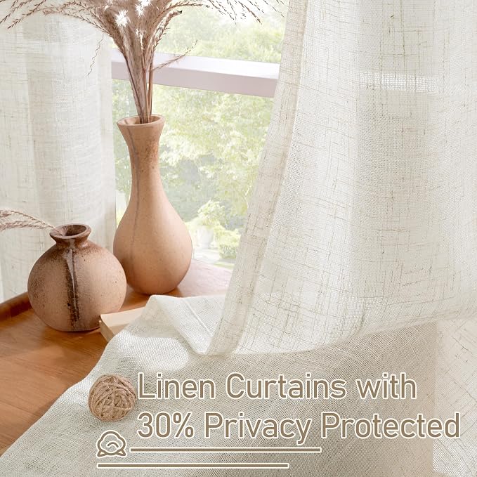 102 inch Long Natural Linen Curtains for Living Room 2 Panels | Cream Ivory, Light Filtering Semi Sheer Panels, Long, Boho, Curtains for Bedroom, Farmhouse, Bronze Grommet, 52 x 102 Inch