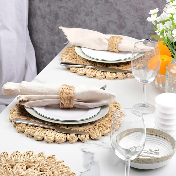 13.8" Corn Husk Woven Round Placemats Set of 10 - Wicker Boho Farmhouse Placemats - Rattan Table Mats Like Water Hyacinth for Dining Table, Wedding, Home
