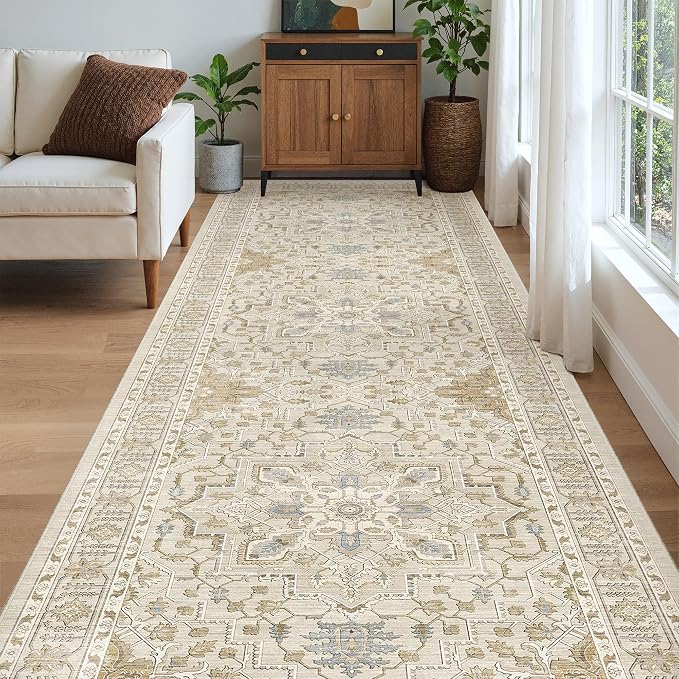 Madane 4x12 Wide Hallway Runner Rug Washable for Living Room, Beige/Blue | Soft Stain Resistant Ktichen Runners 12ft, Vintage Non Slip Low Pile Area Rugs, Thin Floor Carpet for Bathroom Dining Bedroom