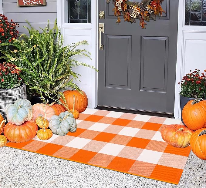 Fall Door Mat Outdoor 24''x35''Orange and White Outdoor Porch Rug Cotton Woven Washable Layered Doormat for Halloween Door Mat,Kitchen,Farmhouse,Entryway