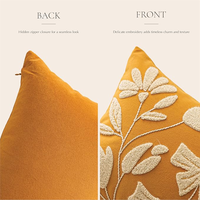 BlissBlush Long Lumbar Pillow Cover 14x36 for Bed, Mustard Floral Tufted Velvet Accent Oversize Throw Pillowcase for Bedroom, Cover Only