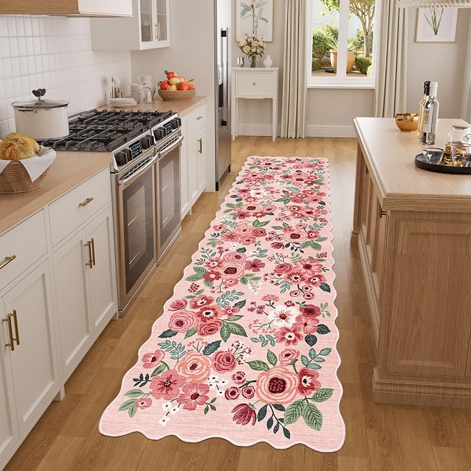 DUKINO 2x7 Runner Rug for Hallway, Floral Washable Rug for Kitchen, Pink | Low Pile, Stain Resistant, Soft Throw Carpet Runner for Entryway, Bedroom, Bathroom, Laundry, Pet Friendly, Modern Home Decor