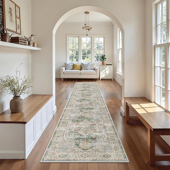 Madane Washable Runner Rugs 2x10 Long for Hallway Kitchen, Green | Non-Slip Low-Pile 10ft Rug Runners Soft, Stain-Resistant Floor Carpet Mat for Entrance, Living Dining Laundry Room, Stair