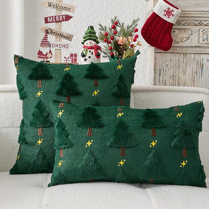 Kevin Textile Christmas Tree Pillow Covers 18x18 Inch Set of 2 Twinkle Golden Star Embroidery Soft Plush Faux Fur Throw Pillowcases for Couch Sofa Holiday Festivals Winter Xmas Gift, Dark Green