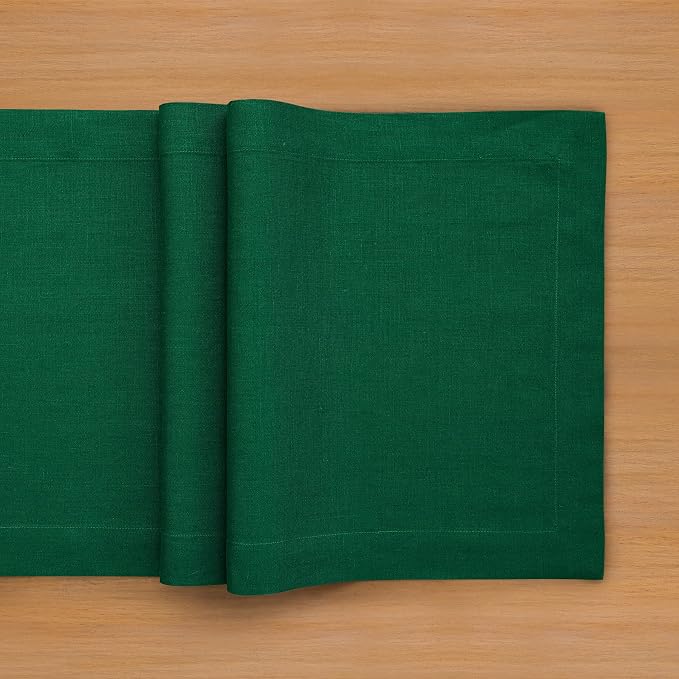 Solino Home 100% Pure Linen Table Runner Christmas Green, Fete 14 x 48 in | styles dining tables for meals and celebrations, European flax fibres, made for years of use, soft, fine, OEKO-TEX Certified