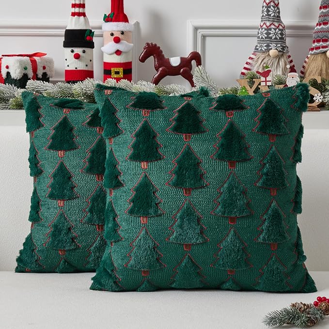 UGASA Christmas Tree Pillow Covers 18x18 Inch Set of 2 Soft Plush Faux Fur Luxury Embroidery Decoration Pillowcases for Couch Sofa Holiday Festivals Winter Xmas Gift, Dark Green & Red