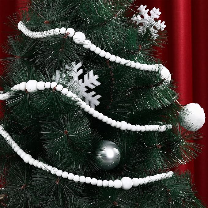 12 Feet Summer Christmas Wooden Beads Garland Round Craft Farmhouse Vintage Christmas in July Wood Bead Garlands for Xmas Supplies(White)