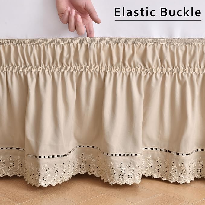 MIYE Wrap Around Ruffled Lace Bed Skirt, Elastic Dust Ruffle with Adjustable Belts, Easy to Put On, Bed Frame Cover, Machine Washable (Embroidered/Beige, Full/Twin-18 Drop)