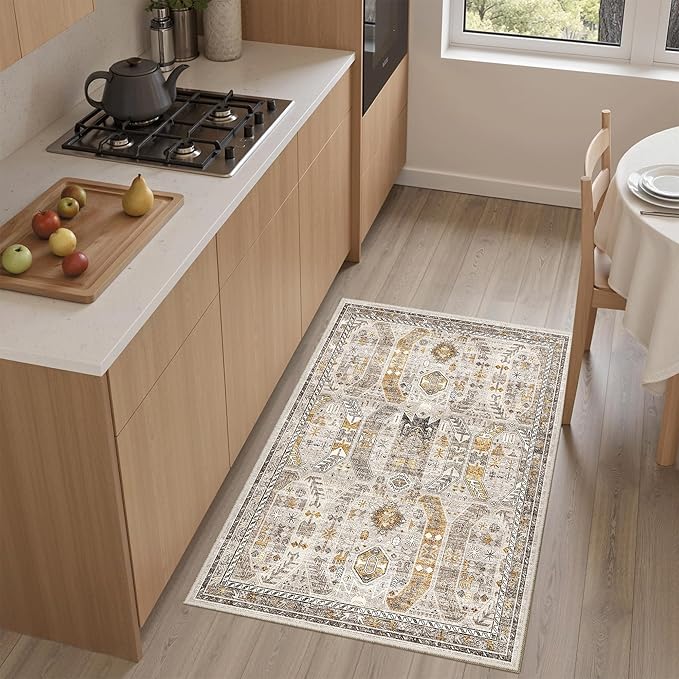 Madane Washable Area Rug 2x3 Small Entryway Rugs Non-Slip, Brown/Gold | Vintage Stain-Resistant Door Mat Indoor Entrance, Low Pile Floor Carpet for Inside Front Bedroom Kitchen Entry Laundry, Stair