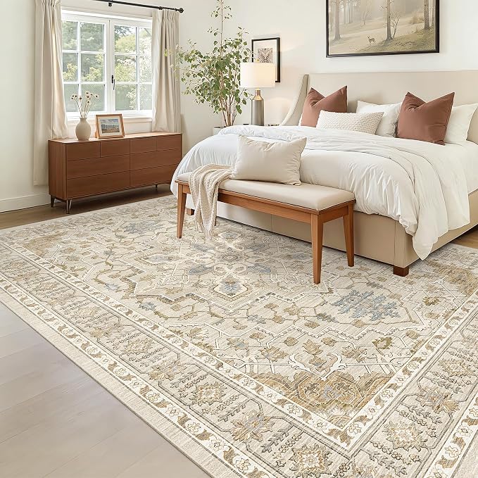 Madane 6x9 Area Rugs for Living Room, Vintage Washable Rug, Beige/Blue | Stain Resistant Floor Carpet With Non-Slip Backing For Bedroom, Dining Bedroom And Office, Soft Low-Pile Home Decor Mat