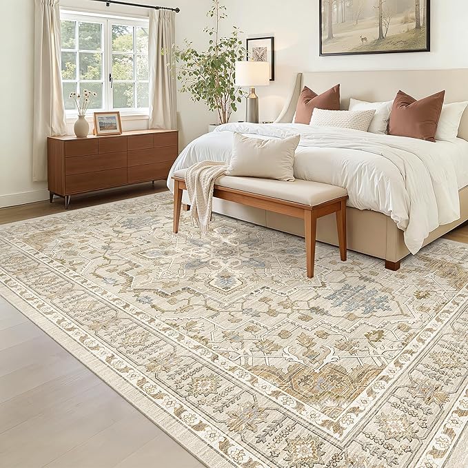 Madane 5x7 Area Rugs for Living Room, Non-Slip Washable Rug, Beige/Blue | Ultra-Thin Stain Resistant Vintage Large 5'X7' Carpet, Soft Low Pile Floor Mat For Bedroom Dining Room Office Home Decor