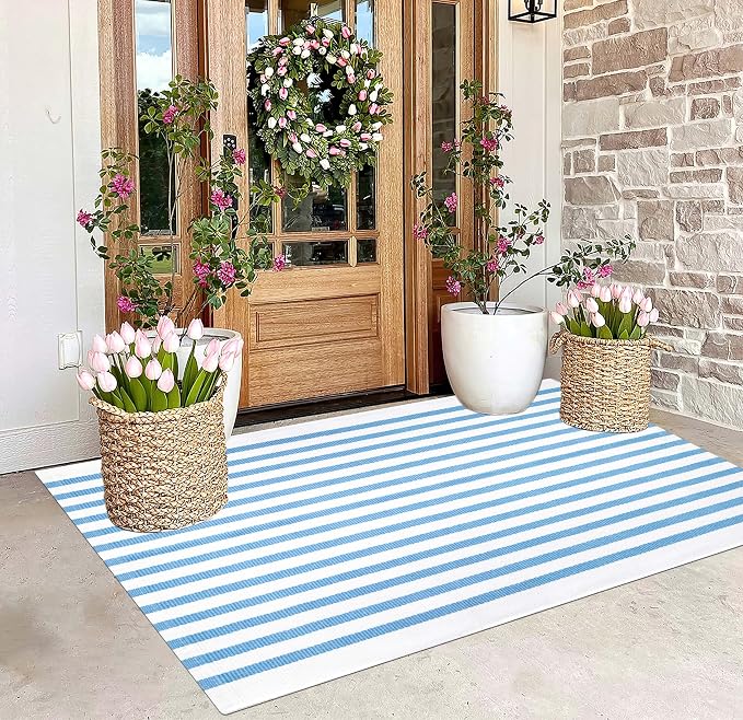 BUAGETUP Outdoor Rug 3'x 5',Light Blue Striped Area Rug Hand-Woven Cotton Washable Rug Indoor/Outdoor Area Rug Floor Mat for Farmhouse Living Room Bedroom
