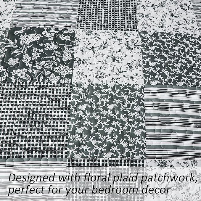 Mybedsoul Boho Quilt King Size, Patchwork Bedding Set, Black Grey | Soft Lightweight Microfiber Floral Coverlet Set, 3 Pieces Plaid Reversible Bedspread, Bed Sets for All Seasons 90"x110"