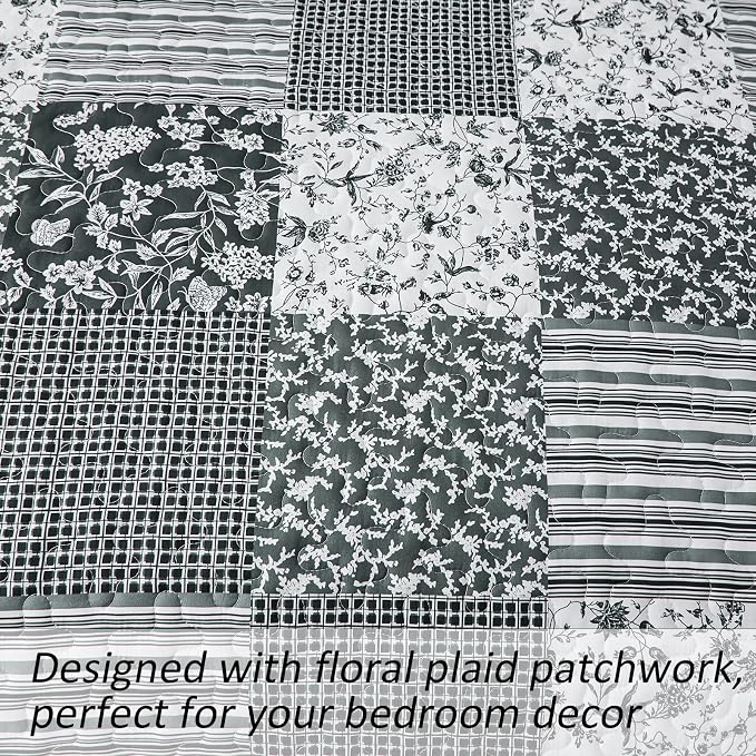Mybedsoul Boho Quilts Queen Size, Patchwork Bedding Set, Black Grey | Soft Lightweight Microfiber Floral Coverlet Set, 3 Pieces Plaid Reversible Bedspread, Bed Sets for All Seasons 90"x96"