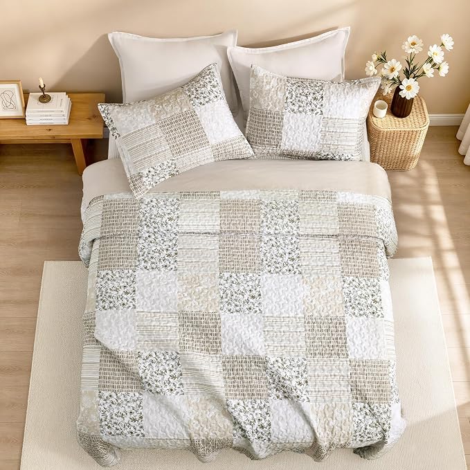 Litanika Floral Beige Quilt Queen - 3Pcs Botanical Birds Bedding Set | Patchwork Bedspread Summer Lightweight Soft Coverlet for All Seasons (96"x90")