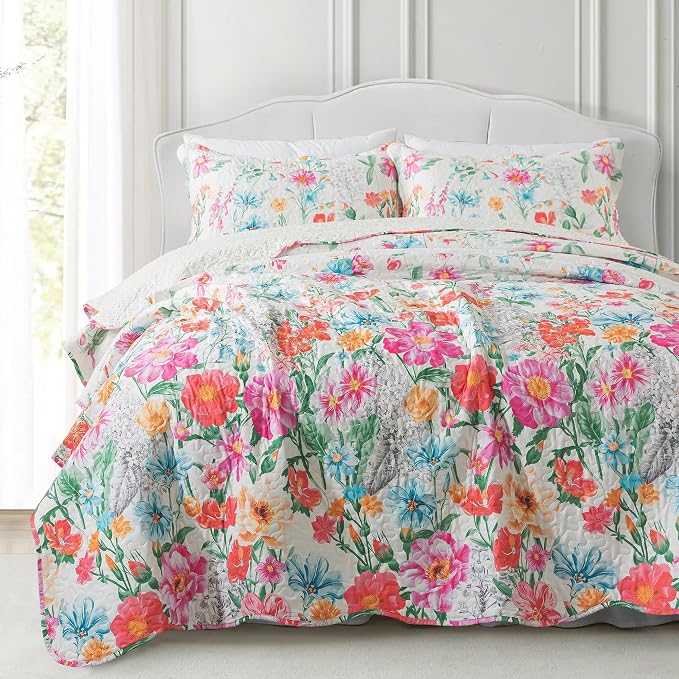 NEWLAKE Quilt Bedspread Sets- Dreamy Flowers Reversible Coverlet Set,Queen Size