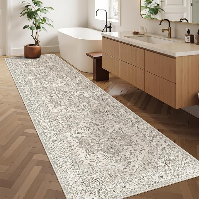 Madane Hallway Runner Rug 2'6''x12' Kitchen Runners Vintage, Beige/Brown | Non-Slip Washable Rugs 12ft for Laundry Room, Entryway and Bedroom, Soft Low Pile Stain-Resistant Wide 2.5x12 Ft Floor Carpet