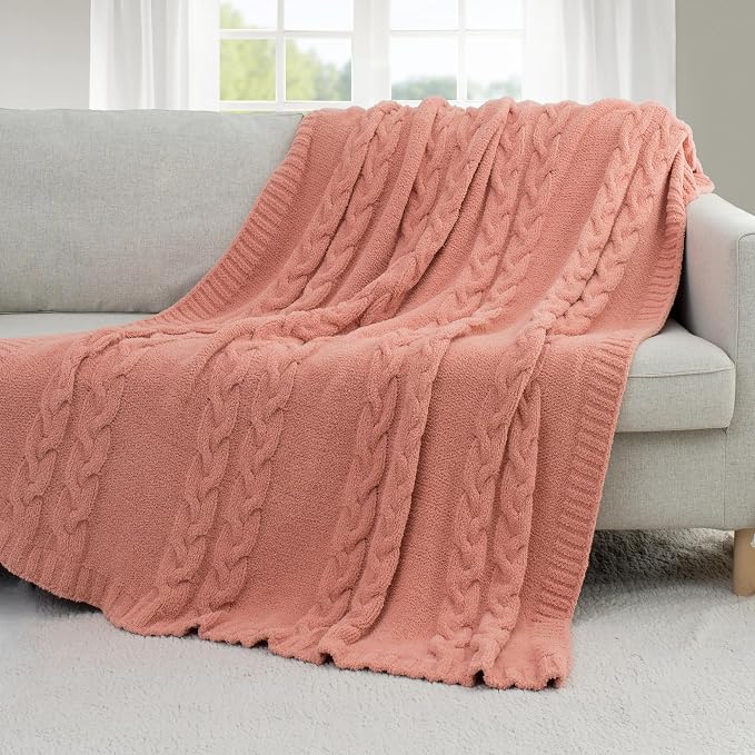 Chunky Knit Throw Blanket Super Soft Cable Fluffy Microfiber Cozy Warm Winter Blankets for Couch Sofa Bed 50"X60" Pink