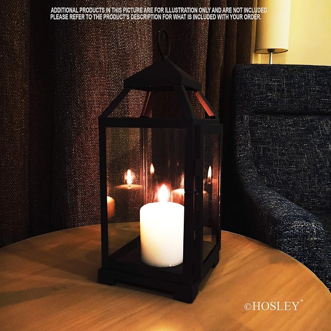 Hosley 14 Inch High Large Clear Glass Iron Classic Style Lantern Elegant Candle Holder for Home Decor Vintage-Inspired Centerpiece with Stylish Iron Frame Indoor/Outdoor Lighting Accent Timeless