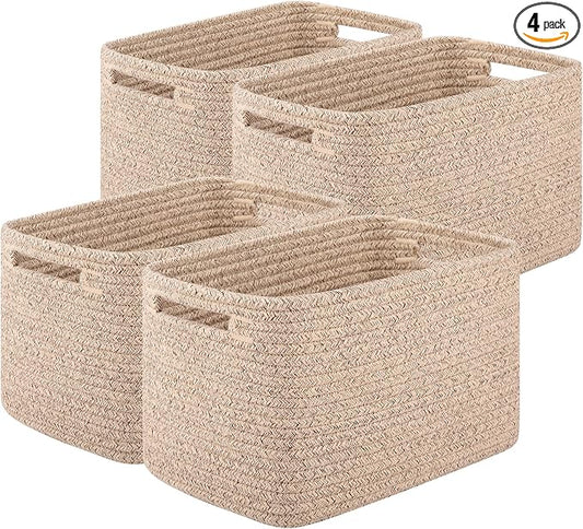 OIASKET 4Packs Natural Cotton Rope Storage Baskets for Organizing Toys, Clothes, Towels & Books, Soft Versatile Organizers for Shelves, Home Decorative Bins, 13''Lx9''Wx7.8''H, Brown