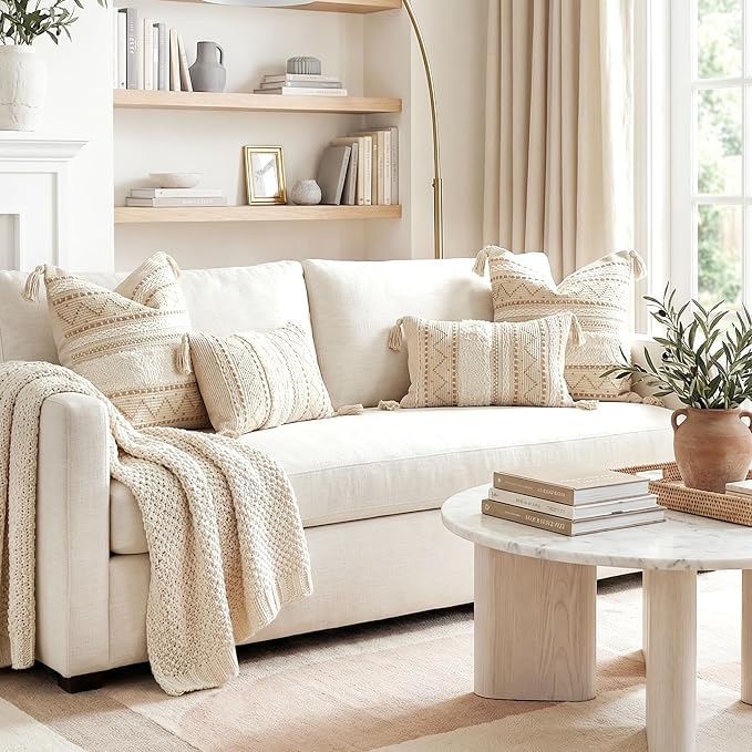 BlissBlush Decorative Lumbar Throw Pillow Covers 12x20 Combo Set of 2 Cream Neutral Rectangular Boho Accent Pillowcase Farmhouse Cushion for Couch Sofa Bedroom Living Home Décor Cover ONLY