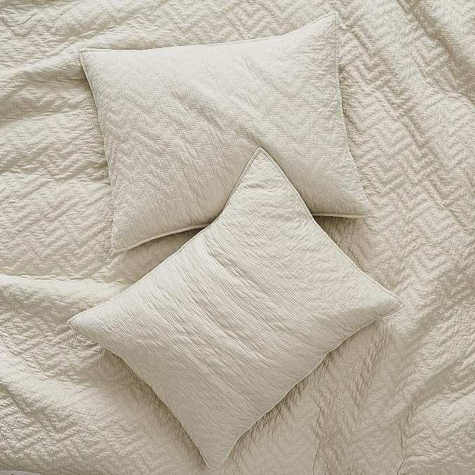 palassio Beige 100% Cotton Quilt King Size Bedding Sets with 2 Pillow Shams, Lightweight Textured Farmhouse Country Bedspread Soft Shabby Chic Patterned Coverlet for All Season, 3 Pieces