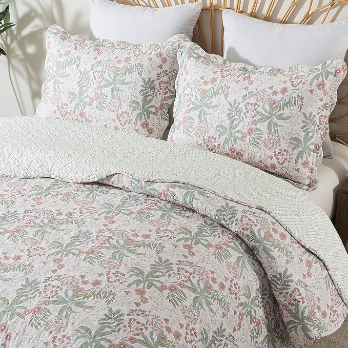 Travan Lightweight Coverlet Set 3-Piece Bedspread Quilt Set Garden Style Floral Printed Oversized Quilted Bedding Set with Shams for All Season, Exquisite, Queen Size