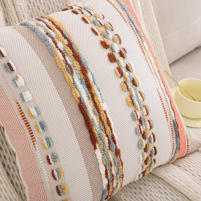 Boho Tufted Throw Pillow Covers 18x18 Set of 2 Orange
