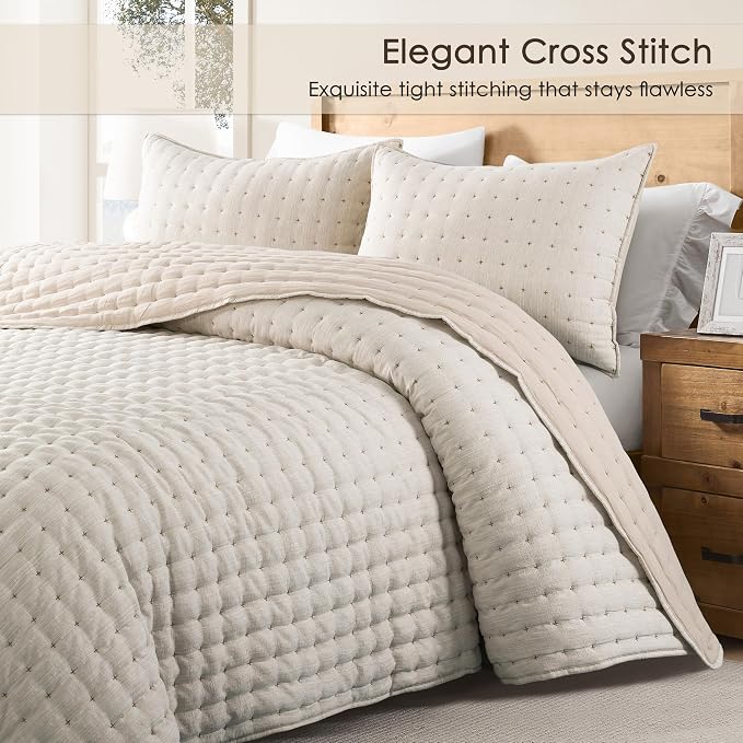 WDCOZY Beige Cloud Quilt Set Twin Size, Lightweight Soft Cross Stitch Bedspread, Textured Like Linen, Farmhouse Rustic Country Coverlet, Spring Summer Thin Comforter, 2 Pieces, 68x90 inches