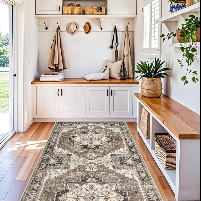 RUUGME Washable 4x10 Runner Rug - Hallway Ultra-Thin Soft Rugs Wide Vintage Stain Resistant Carpet with Non-Slip Rubber Backing Low Pile Indoor Floor Mat for Kitchen Living Room Bedroom (Beige,4x10)