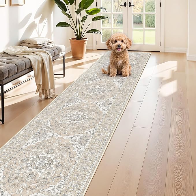 Washable Kitchen Runner Rug 2x10: Non-Slip Hallway Entryway Rugs with Rubber Backing Stain Resistant Soft Thin Low Pile Carpet for Bedroom Indoor Vintage Home Decor Mat for Bathroom (Beige/Cream,2x10)