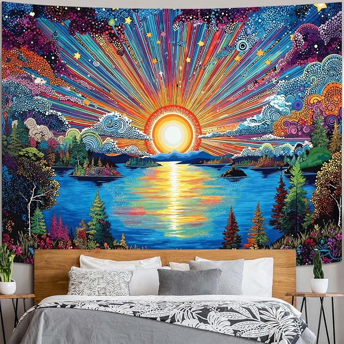 Zussun Hippie Sun Tapestry Boho Vintage Sunrise Nature Tree Lake Wall Tapestry for Bedroom Aesthetic Colorful Landscape Large Tapestries Wall Hanging for Dorm Living Room Decor 80 x 60 Inch